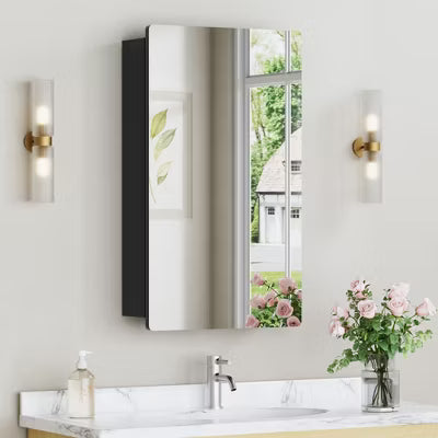 Mira 14" x 24" Rounded Corner Metal Framed Medicine Cabinet with Mirror Door for Bathroom,Black