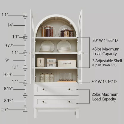 71″ Tall Arched Pantry Cabinet with 2 Drawers & Adjustable Shelves & Glass Doors, Modern Farmhouse Kitchen Storage Cabinet