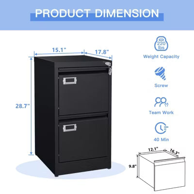 Mlezan Drawer File Cabinet: Metal, Lockable, Narrow Design for Under-Desk Storage. Fits A4/F4/Letter/Legal Files, BLack Finish, Assembly Required.