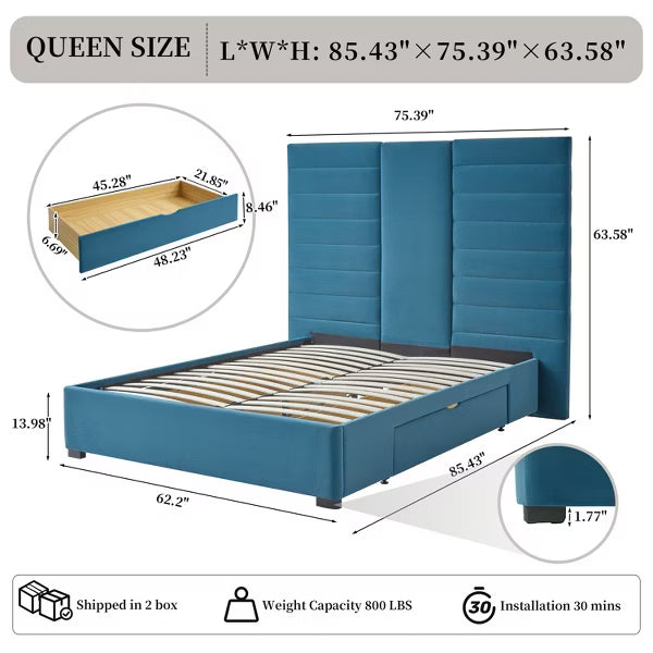 Queen Size Platform Bed Frame with 2 Storage Drawers,63" Tufted Velvet Headboard, Wooden Slats, Sturdy Frame,Noise-Free,Easy Assembly,Dark Blue