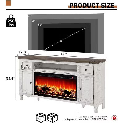 AMERLIFE 68" Farmhouse Fireplace TV Stand with 7 Color Electric Fireplace, Solid Wood Media Entertainment Center for 78" TVs, White and Brown