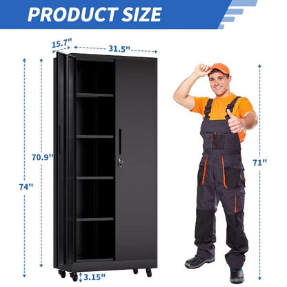 VIYET 71" Rolling Metal Garage Storage Cabinet with Lock, 4 Adjustable Shelves, Heavy Duty Steel Tool Cabinet on Wheels