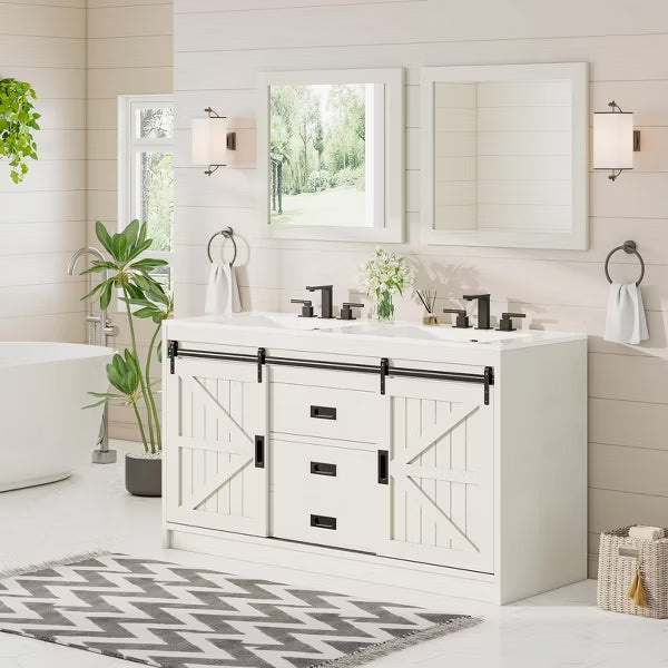 AMERLIFE Double Farmhouse Bathroom Vanity with Sink, with Sliding Doors & Drawers