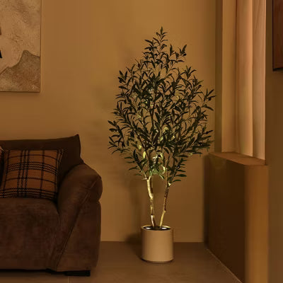 DR.Planzen 5/6FT LED Illuminated Olive Tree with Planter Lights, Twinkling Artificial Christmas Tree for Holiday Party Decor & Home Festive Displays