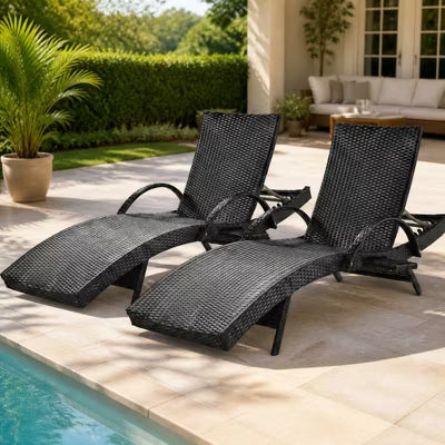 Black 80" Outdoor Wicker Chaise Lounge Chairs Set of 2 with Pull-Out Side Table, 5-Level Adjustable Backrest, Durable Wicker & Sturdy Steel Frame