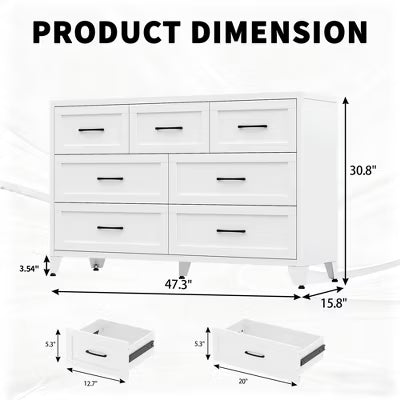 VIYET 7-Drawer White Dresser for Bedroom, Wide Low-Profile Chest of Drawers with Smooth-Glide Storage for Closet & Entryway