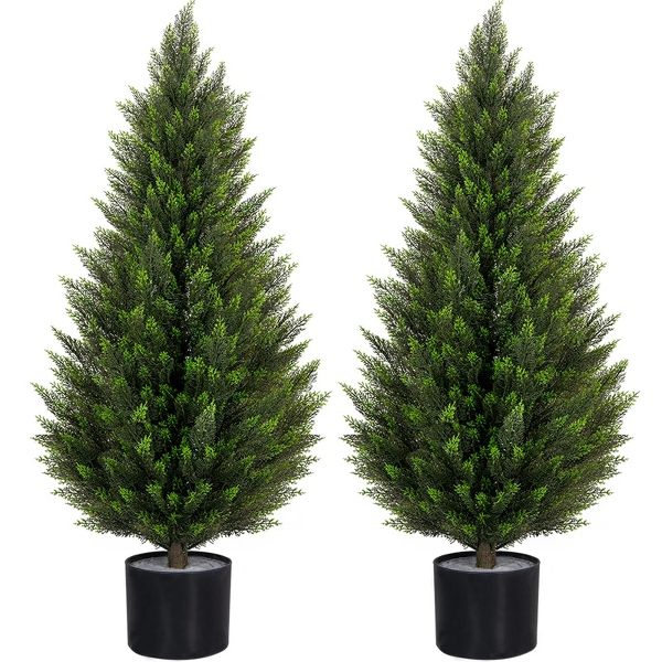 ROMSWI 2Pack 3-5ft Artificial Cedar Topiary Tree UV-Resistant, Commercial-Grade Wind-Proof Faux Pine for All-Season Porch & Entryway Decor Green 3-FT