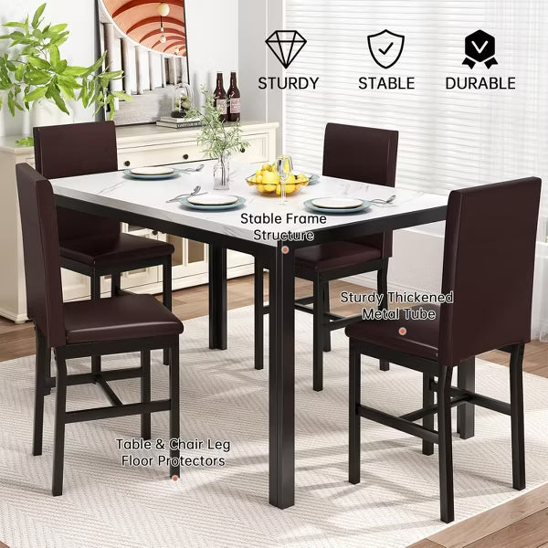 Hooseng 5-Piece Marble DiningTableSet with 4 Metal Frame Chairs, Dining Table Set for 4, Modern Style Kitchen Table and Chair Set, White