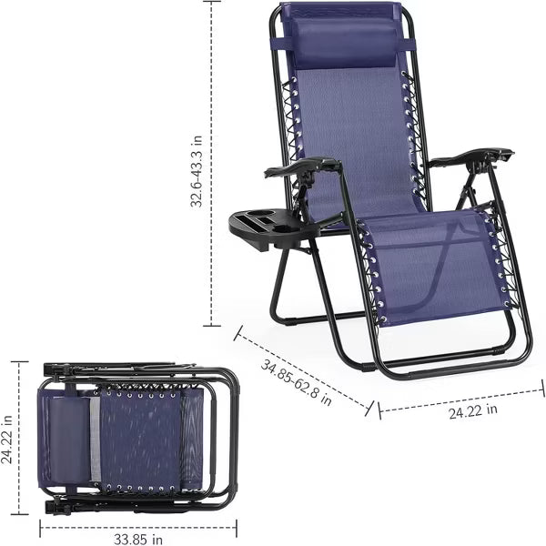 MyDepot Heavy Duty Zero Gravity Chair Set of 2 - Portable Patio Recliner with Cup Holder, Blue