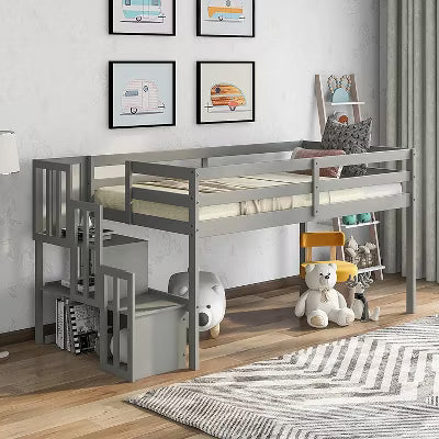 ELJGET Low Loft Bed for Kids, Twin Size Loft Bed with Storage Staircase, Wood Loft Bed Frame for Boys Girls Teens (Gray)