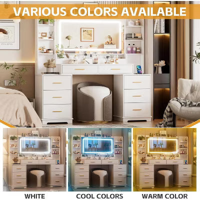 PAKASEPT 58.4" W Vanity Desk with LED Lights & Power Outlet, Mondern Makeup Vanity with 8Drawers & Hair Dryer Stand, for Bedroom Dressing Room