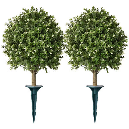 20'' Artificial Tea Olives Topiary Ball Trees with Stake, UV Resistant Faux Plant with White Flowers for Outdoor Garden, Spring Decor Set of 2