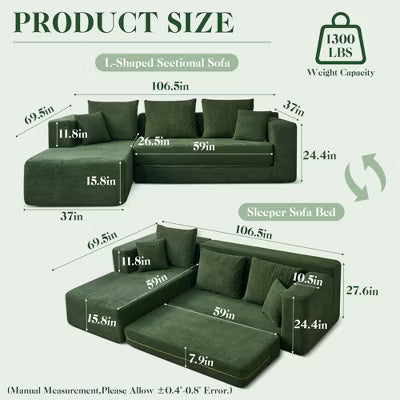 JOYRACER 106" Sleeper Sofa, 2 In 1 Pull Out Couch Bed ,Convertible Sofa Bed- L-Shaped Sectional Couch For Living Room