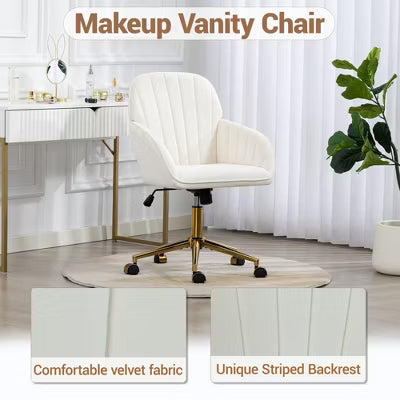 Bosmiller Velvet Home Office Chair, Gold Base and Wheels, Modern Makeup Vanity Chair, Height Adjustable Swivel Desk Chair, Living Room Bedroom, Beige