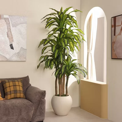 DR.Planzen 6/7/8FT Artificial Dracaena Tree in White Pot, Realistic Faux Dracaena Plant , Perfect Present for Indoor Outdoor Home Decor