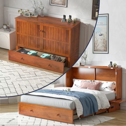 Mjkone Queen Murphy Bed Cabinet with Built-in Charging Station, Drawers, Folding Mattress for Bedroom Guest Room