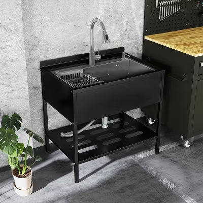 CHEVNI Silver Kitchen Sink Stainless Steel Single Bowl with Faucet Black Shelf Freestanding