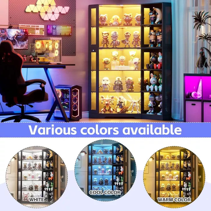 PAKASEPT 39"W Corner Display Curio Cabinet, Transparent Display Case with Glass Doors and LED Lights for Collectibles, Display Shelf for Living Room