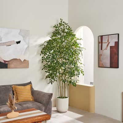 Dr.Planzen Artificial Ficus Tree in Textured White Planter, Faux Floor Plant with Lush Leaves, Tall Fake Potted Greenery for Indoor Home Decor