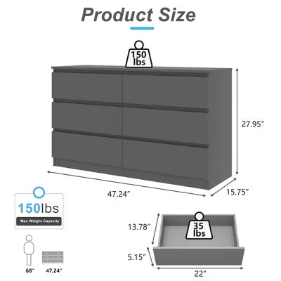 Resenkos Storage Dresser Furniture Unit, 6 Drawer Tall Standing Organizer for Bedroom, Closet - Grey