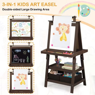 TODECARE Wooden 3-in-1 Kids Art Easel with Magnetic Whiteboard, Chalkboard, Paper Roll and Storage, Pink