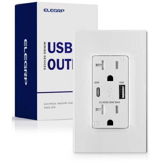 ELEGRP USB Outlet Receptacles, 20W 20 Amp USB Wall Outlet with Type A and Type C USB Ports Supports Power Delivery, Wall Plate included, UL Listed