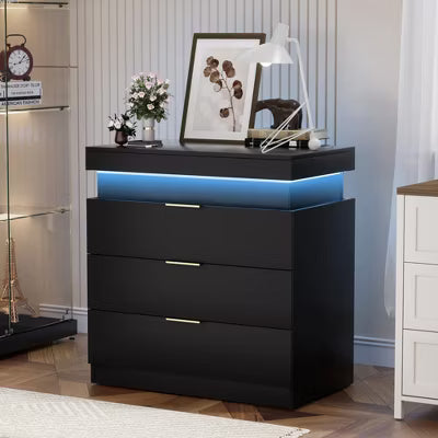 CIPACHO Black Nightstand with Charging Station, Sliding Top & Drawers Modern Bedside End Table for Bedroom