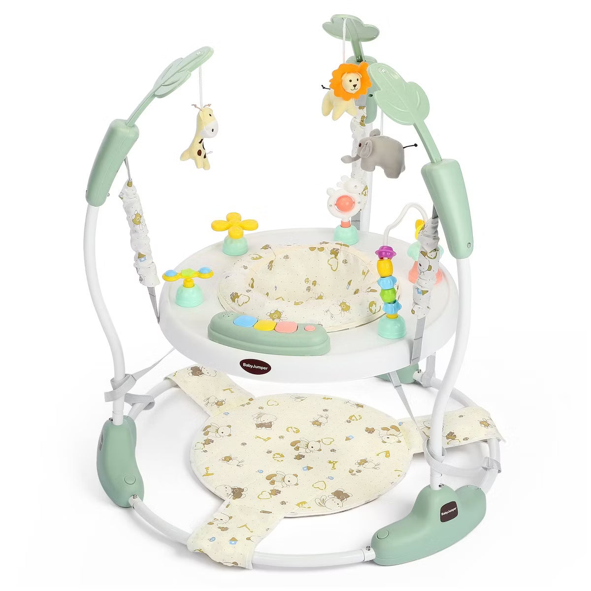 Kinder King Baby Activity Center Jumper, 360 Rotating Seat, 3-Level Adjustable Height, Interactive Toys, Removable Foot Mat, Green