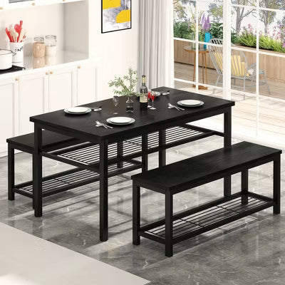 Hooseng 3-Piece Kitchen Table Chairs Set, Dining Table Set for 4, Rectangle Dining Room Table Set with Two Benches, Metal Frame for Small Spaces