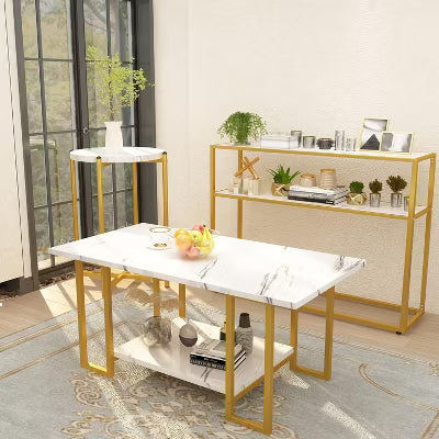 Hooseng Living Room Table Set of 3, Faux Marble Coffee Table & Side Table & Console Table with Storage Shelves & Metal Frame for Living Room, Office
