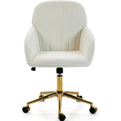 Bosmiller Velvet Home Office Chair, Gold Base and Wheels, Modern Makeup Vanity Chair, Height Adjustable Swivel Desk Chair, Living Room Bedroom, Beige