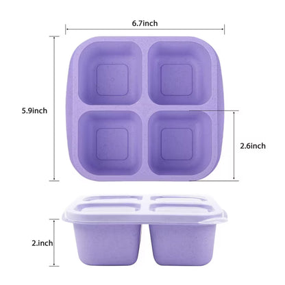 BRINJOY 4-Compartment Snack Containers, Reusable Food Storage Boxes with Lids & Utensils, 6-Pack Wheat Straw Snack Boxes for School Work Travel