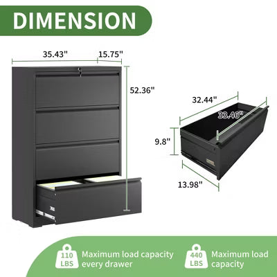 Munora - 4-Drawer Lateral File Cabinet with Lock - Wide Storage for Letter/Legal/A4 Files - Black