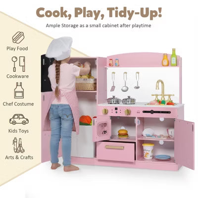 TODECARE Wooden Play Kitchen for Kids with Sink, Microwave, Ice Maker and Dishwasher, Gift for Boys and Girls Age 3+