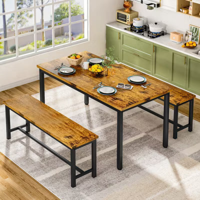 Hooseng 47.2'' 3-Piece Dining Table Set for 4 with 2 Benches, Farmhouse Wood Grain Kitchen Breakfast Table & Chair Set for Kitchen, Apartment