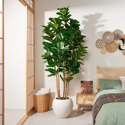 Dr.Planzen 8FT Artificial Fiddle Leaf Fig Tree with Natural Wood Trunk, Large Fake Plant with White Planter, Realistic Faux Lyrata Tree for Home Decor
