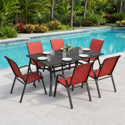 7-Piece Patio Dining Set - 63" Wood-Grain Rectangular Table & 6 Ergonomic Chairs - Modern Farmhouse Outdoor Furniture, 350lb Cap, Rustproof