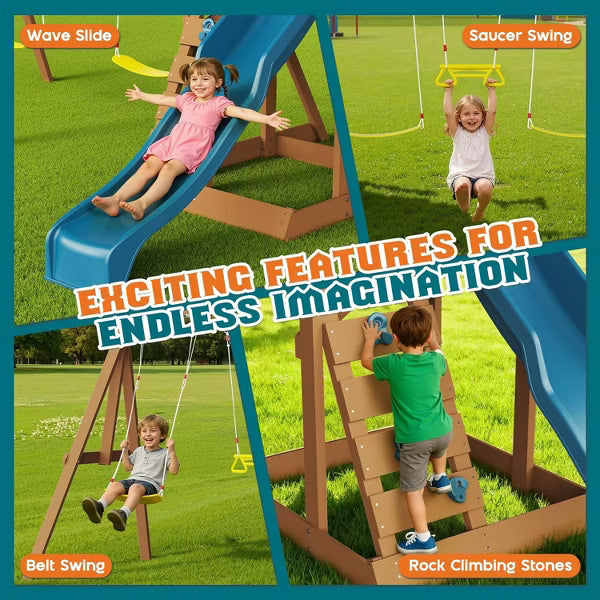 AMERLIFE Wooden Outdoor Swing Set with Playhouse, Slides, Swings, Climbing Wall & Ladder, Multi-Activity Backyard Playground for Kids Ages 3–8