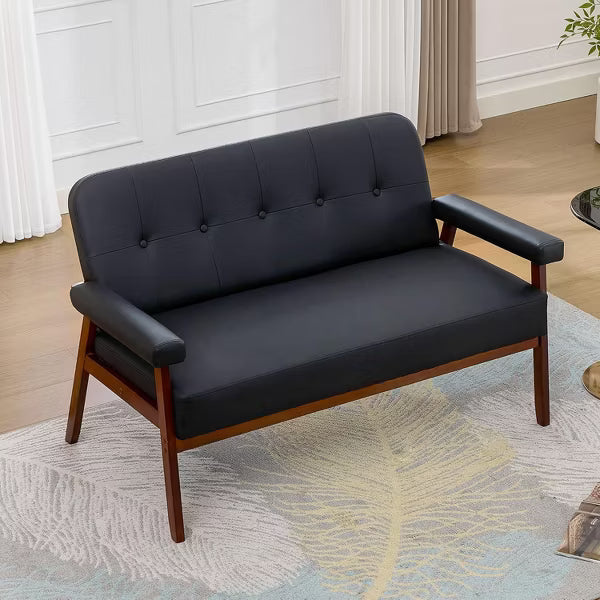 TYBOATLE 50" Faux Leather Loveseat Sofa with Wood Arms, Mid-Century Modern Small Couch for Office, Living Room, Bedroom, Black