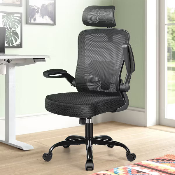 KERDOM Headrest Desk Chair with Adjustable Lumbar Support, Home Office Swivel Task Chair with High Back and Armrest, Black
