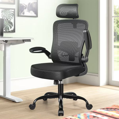 KERDOM Headrest Desk Chair with Adjustable Lumbar Support, Home Office Swivel Task Chair with High Back and Armrest, Black