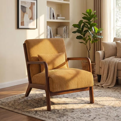 Nordhavn Corduroy Accent Chair with Solid Wood Frame & Lumbar Pillow, Retro Lounge Armchair for Living Room, Mustard Gold