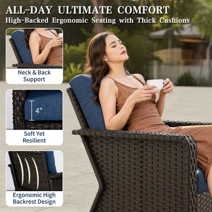 SUGOLD 5-Piece Wicker Patio Conversation Set with 3-Seat Sofa, 2 Swivel Rocking Chairs and 2 Ottomans, Blue Cushions