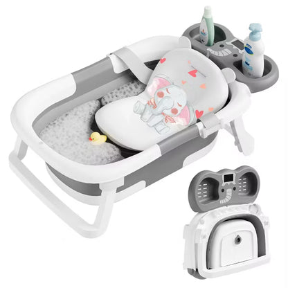 TUMAJUP Foldable Elephant Baby Bathtub for Infants and Toddlers with Soft Cushion and Thermometer