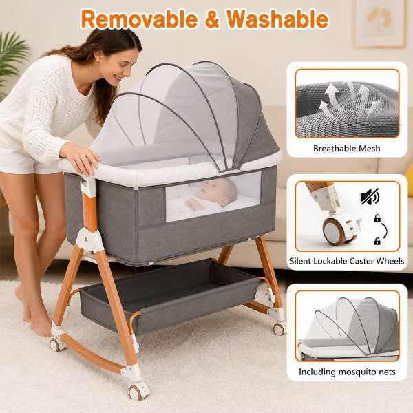 Baby Bassinet Bedside Crib with Adjustable Height, Breathable Mesh Sides, Wheels and Storage Basket,Dark Grey