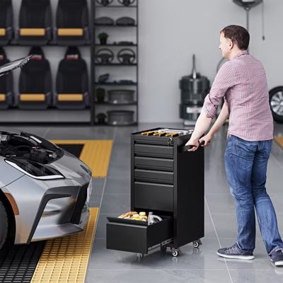 Mlezan 5-Drawer Tool Cabinet: Rolling on Wheels, Locking Keys, Heavy-Duty Metal Storage for Garage, Warehouse, or Workshop. Durable and Mobile.