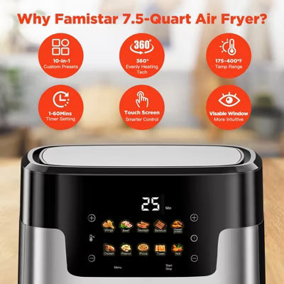 Air Fryer 7.5 QT Large Capacity Digital Hot Air Oven with Window & Light, Family Size Oil-Free Air Fryer with 10 Presets,100 Liners