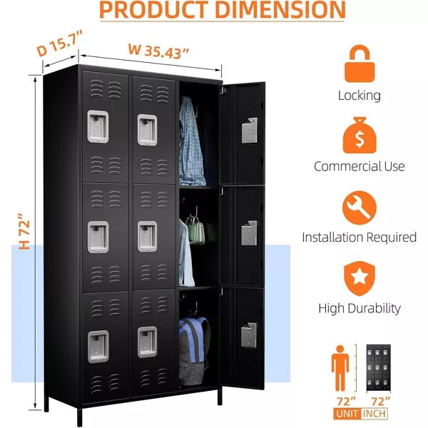 Aobabo Metal Lockers for Employees School Office Gym Home lockers Storage,9 Doors Lockers with 18 Hooks,Black, Assembly Required