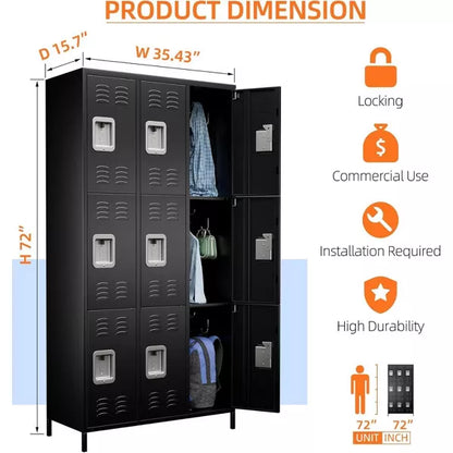 Aobabo Metal Lockers for Employees School Office Gym Home lockers Storage,9 Doors Lockers with 18 Hooks,Black, Assembly Required