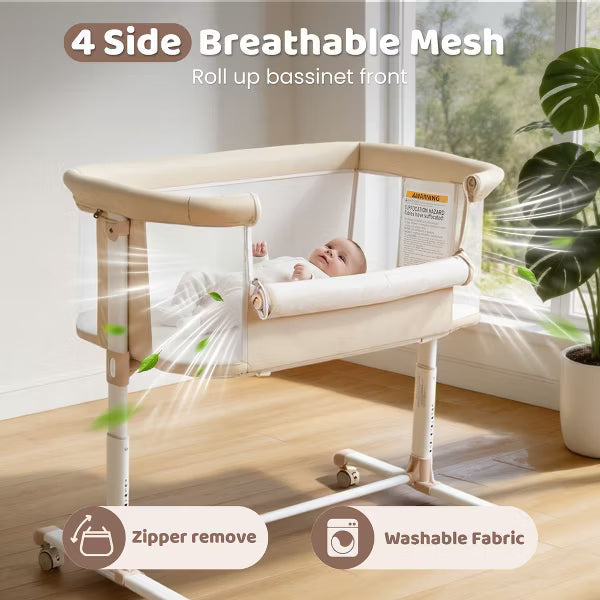 Kinder King Baby Bassinet with Wheels, Portable Newborn Bedside Sleeper, All-Sided Mesh Infant Crib with Removable Soft Mattress, Beige